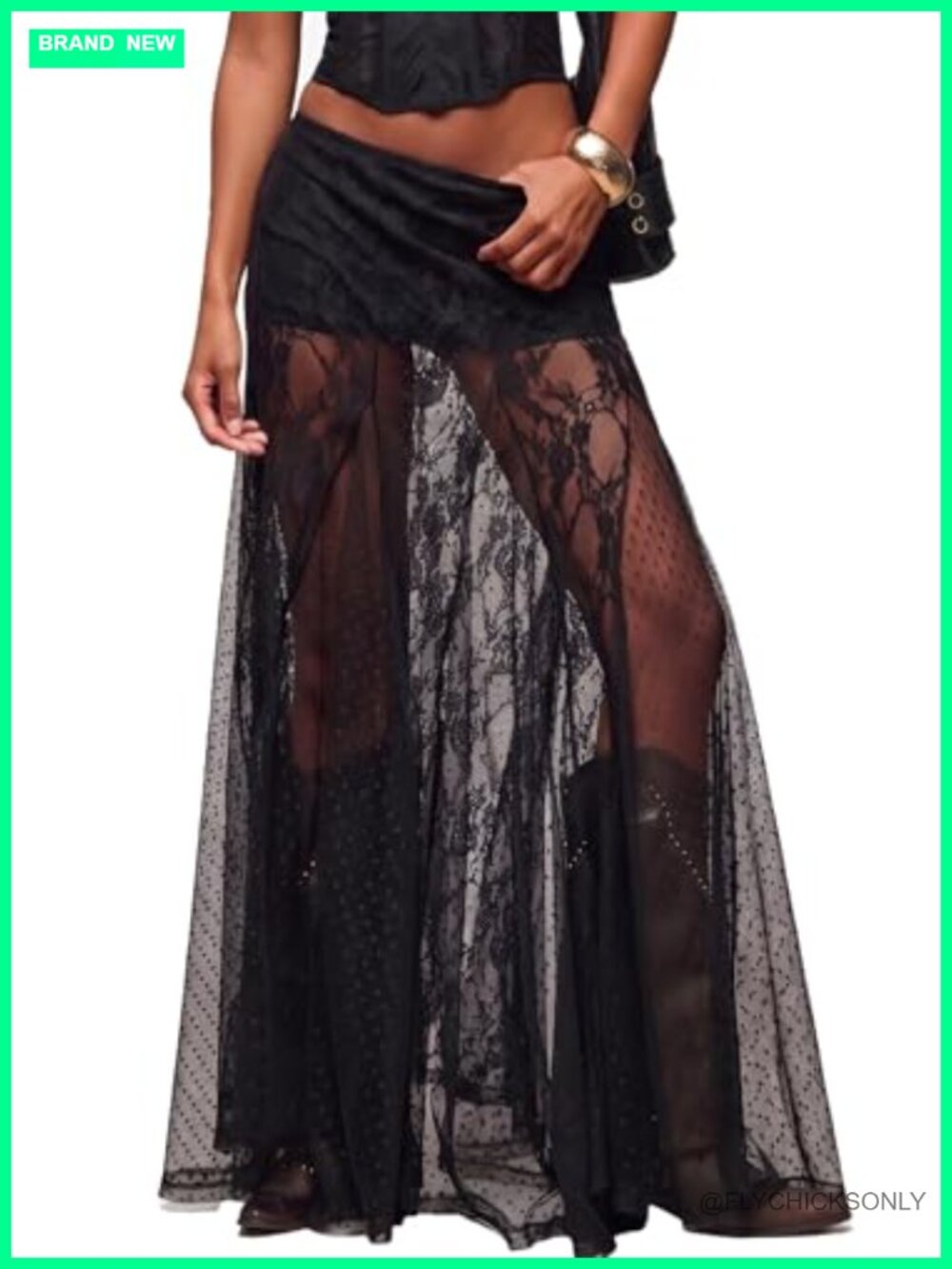 Women's Lace Sheer Maxi Skirt High Waisted A-Line Flowy With Shorts